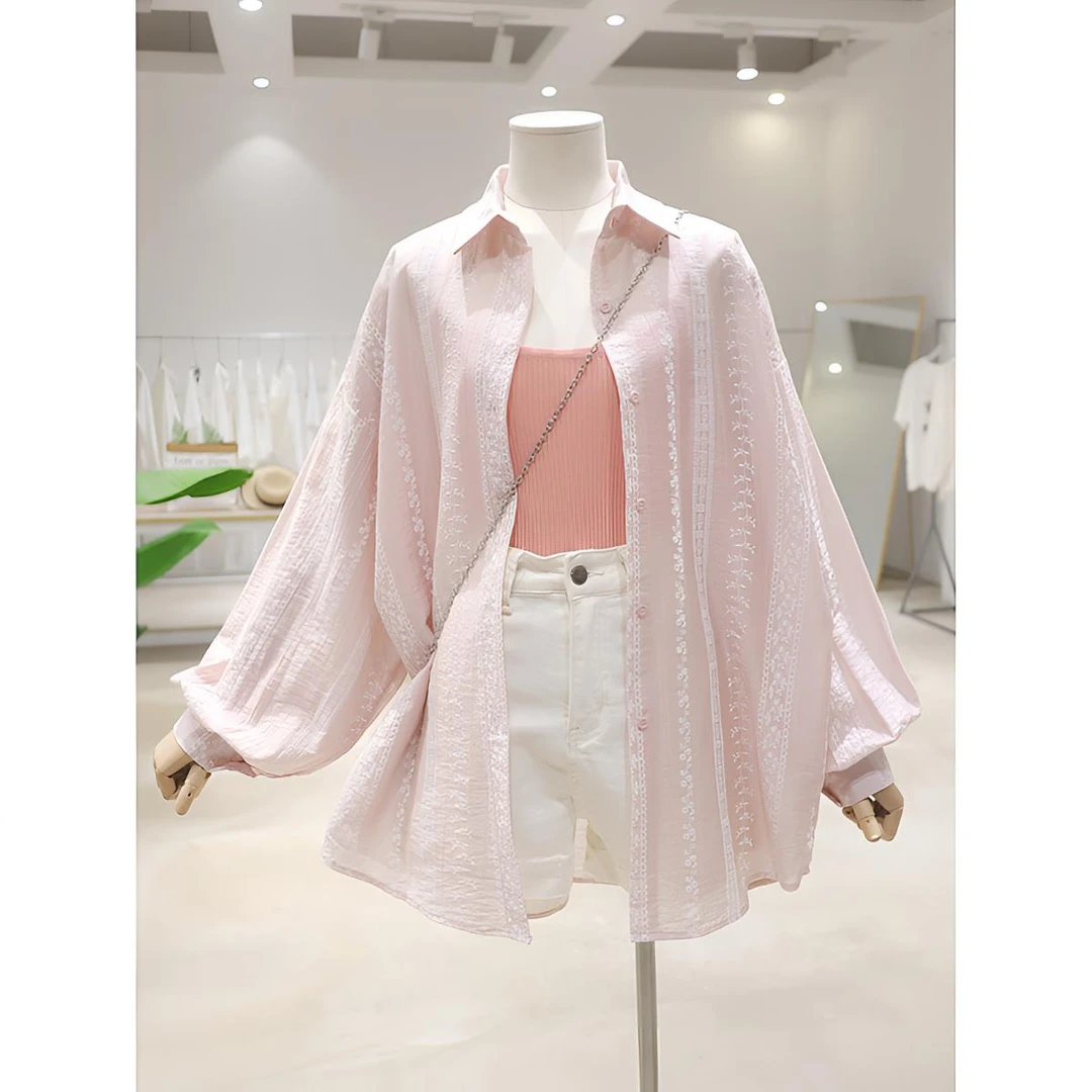 夏季新款别致休闲宽松长袖衬衫时髦百搭提花宽松显瘦绝美外搭上衣