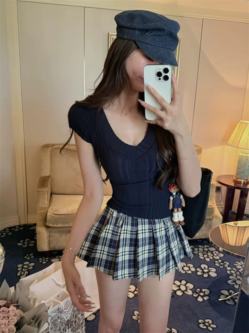 IN MIMIFACE低领紧身针织短袖修身短款辣妹显瘦小众夏季百搭时尚