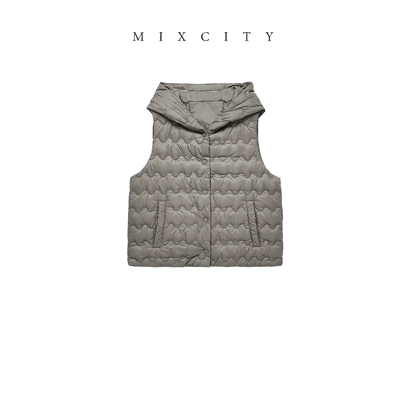 【MIXCITY亚楠家】人手一件◆白鸭绒波浪纹连帽马甲羽绒6319