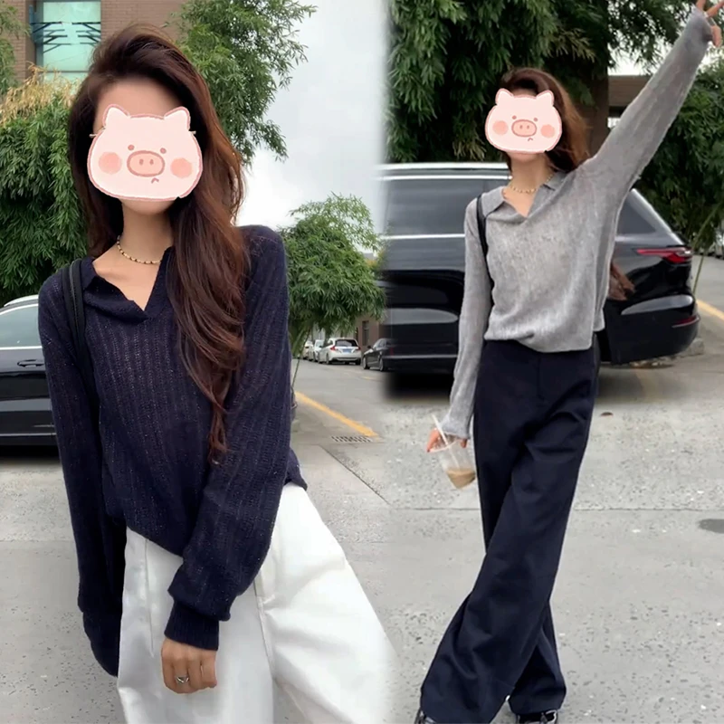 韩系复古翻V领长袖针织T恤女早秋季小众设计感宽松时尚百搭两件套