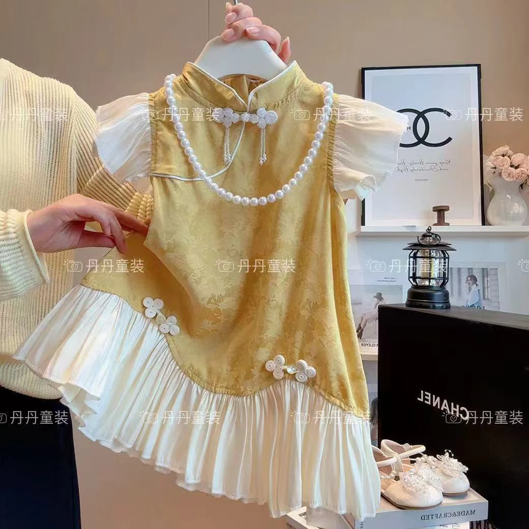 女童连衣裙夏季国风新款儿童公主裙中式改良小飞袖女宝宝旗袍礼服