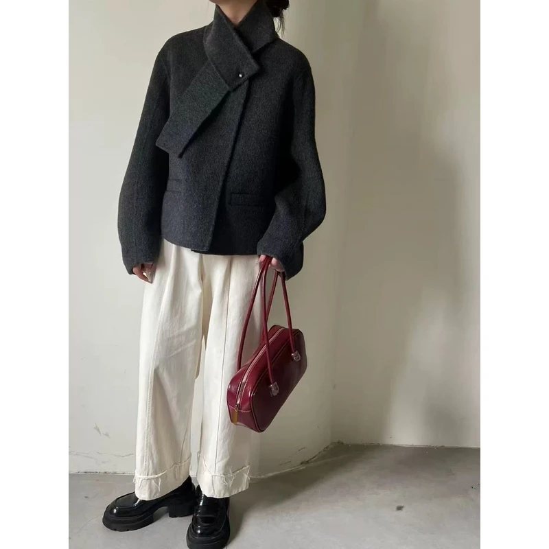 【锦衣服饰】长袖女常规袖毛呢外套双面气质秋冬开衫西装百搭外套