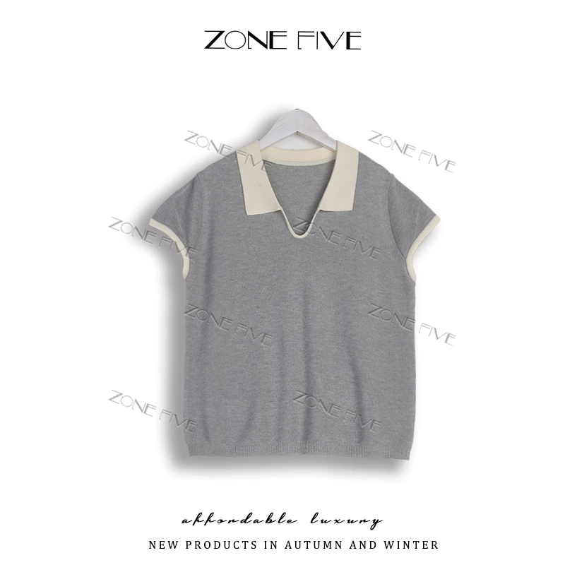 【zonefive】时尚Polo领拼接短袖t恤夏季女装休闲宽松百搭上衣潮