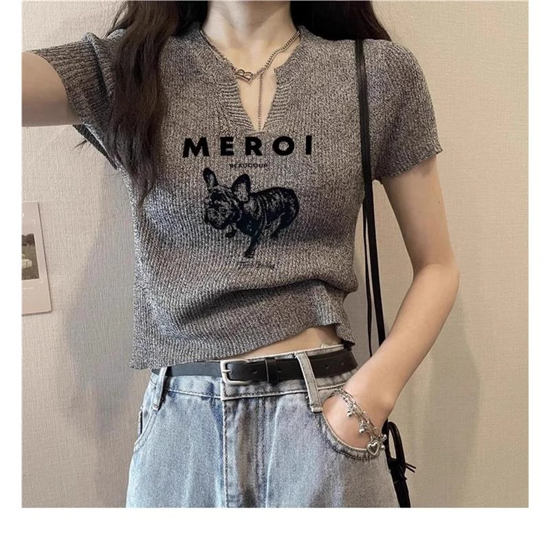 针织毛针织衫短款露脐数字字母ins夏季显瘦高腰短袖上衣女印花T恤