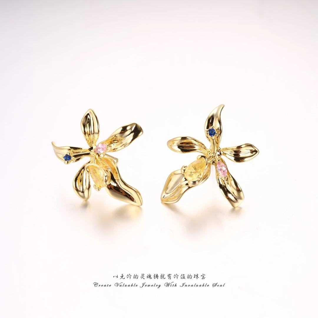 铜合金锆石耳饰 金色花花百搭镶嵌耳环 KG-C-30730
