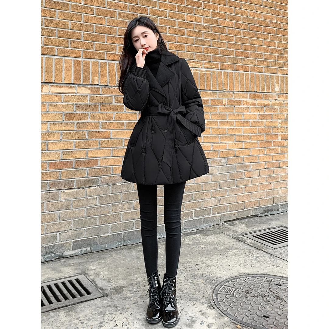 中长款西装领棉服收腰冬季女装外套时尚新款黑色小个子显瘦棉衣女