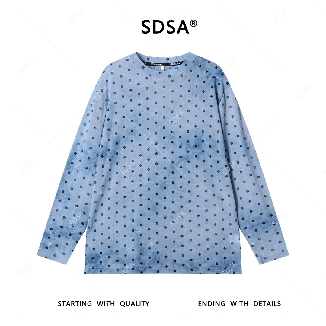 SDSA秋季新款男士痞帅韩版波点植绒圆领长袖T恤宽松潮流舒适上衣