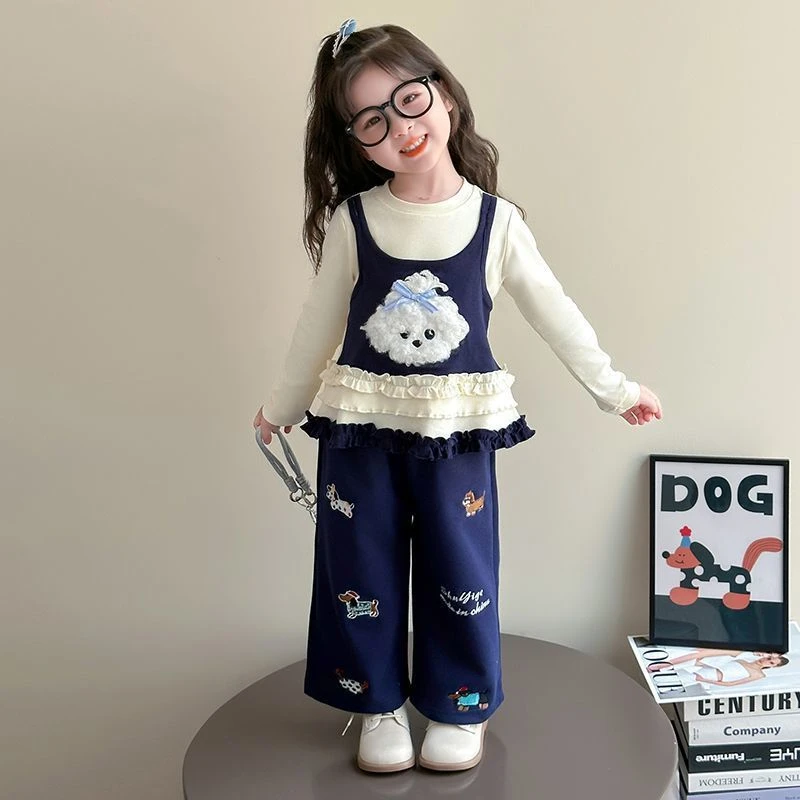 甜美可爱新款女童秋装洋气卡通假两件套绣花卫裤小狗图案