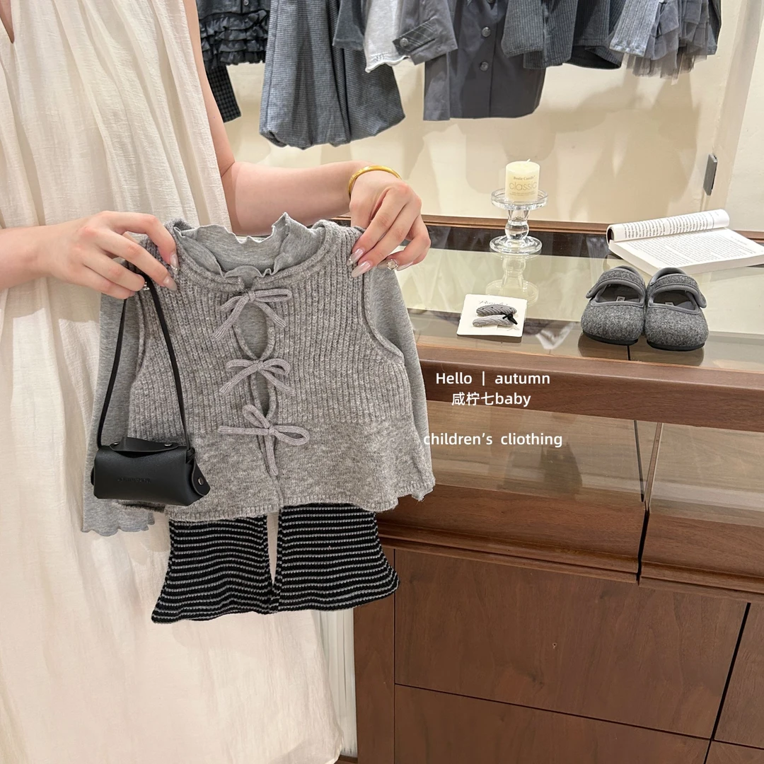 【咸柠七】女童秋装套装韩系甜美针织叠穿背心吊带洋气喇叭裤套装