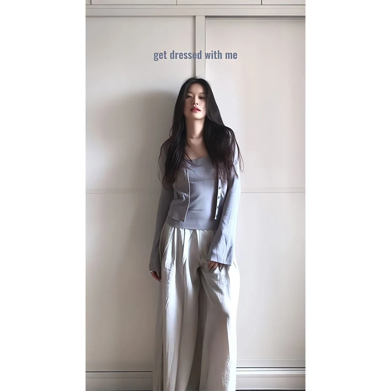 开秋套装2025早秋新款针织开衫吊带背心两件套直筒宽松休闲阔腿裤