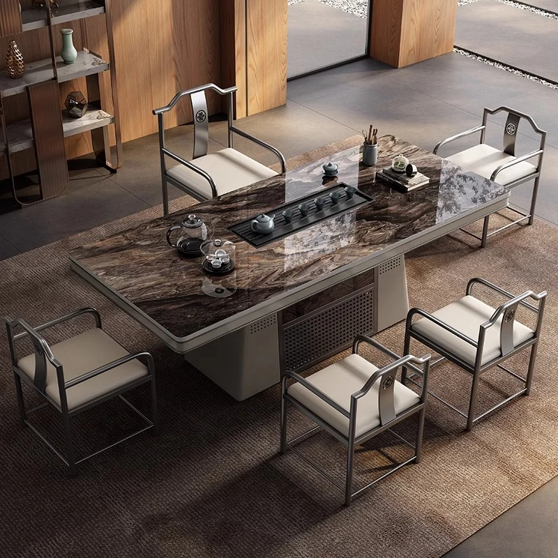 奢石岩板茶台轻奢现代高级感家用办公茶桌椅组合烧水泡茶一体茶几