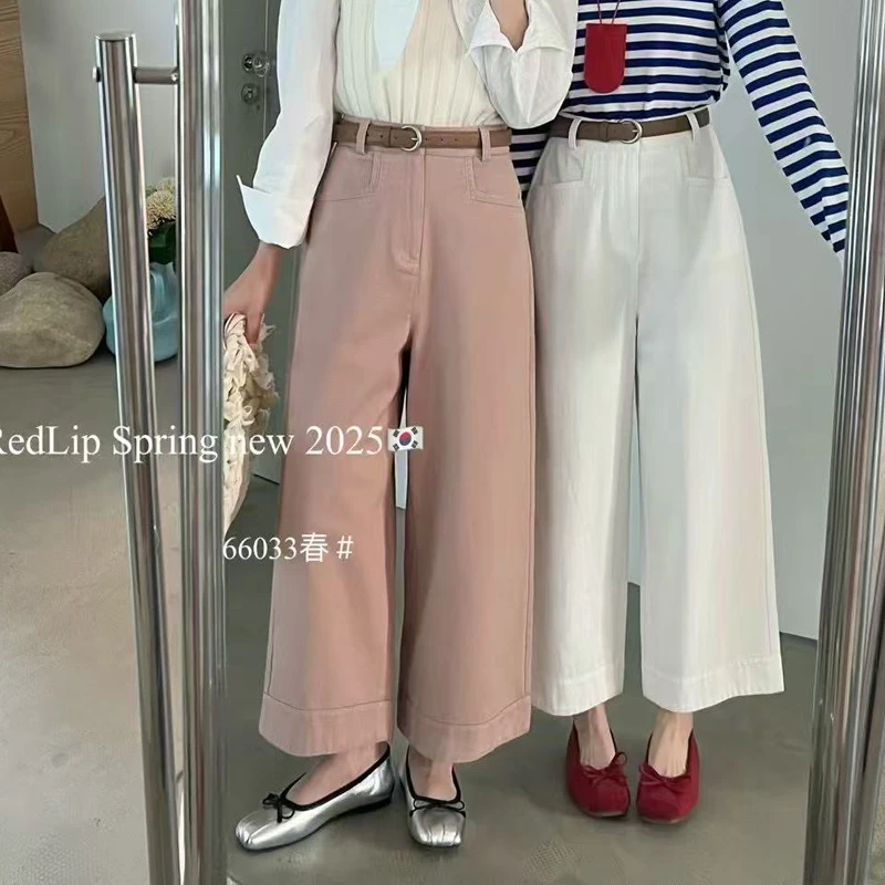 红唇66033洗水九分直筒春季新款宽松韩系高腰休闲阔腿裤子