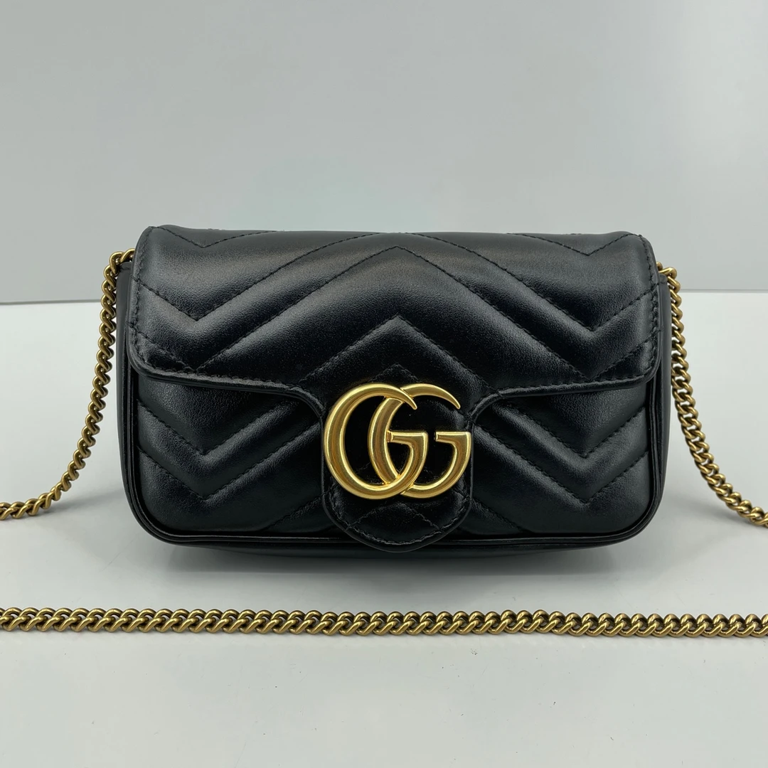 95新 GUCCI/古驰 优选/马蒙迷你黑金链条包16x12x4cm Z040711
