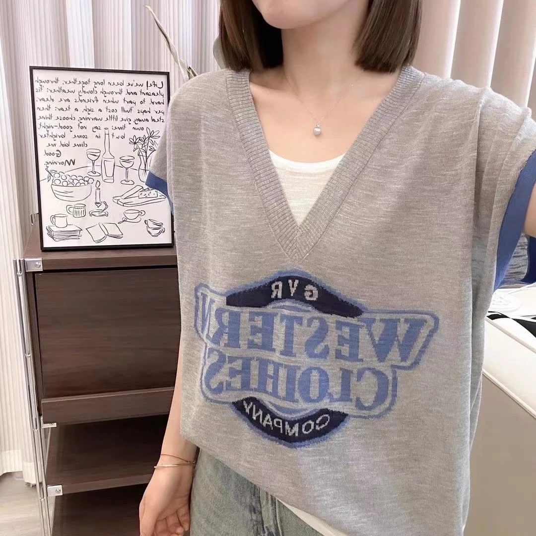 竹节v领假两件字母提花短袖针织衫夏季新款上衣宽松韩版薄款T恤女