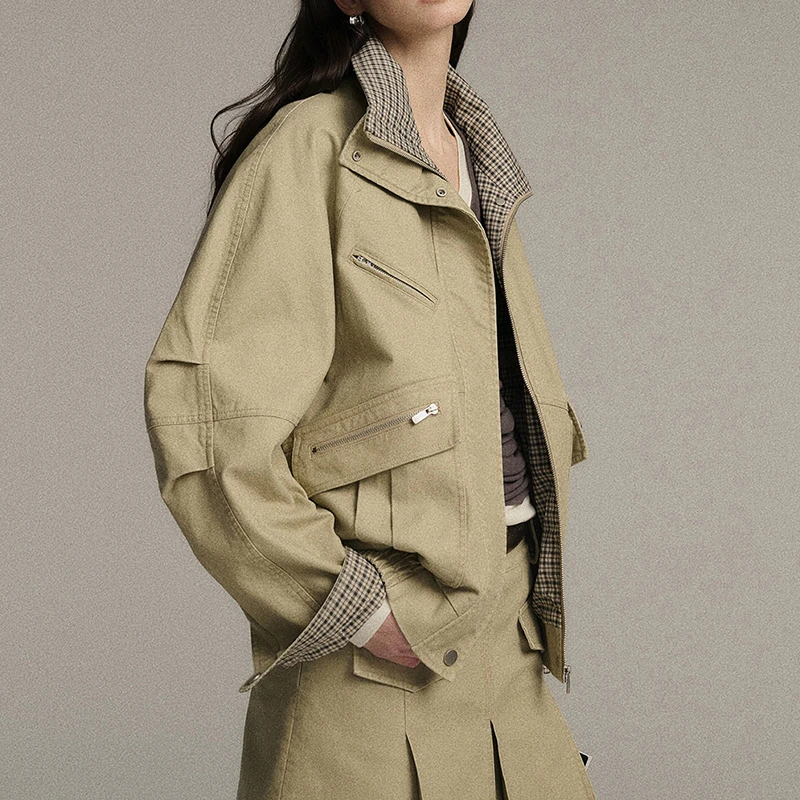 【泡菜早秋上新】“高质量"百搭内里格纹翻领夹克外套女