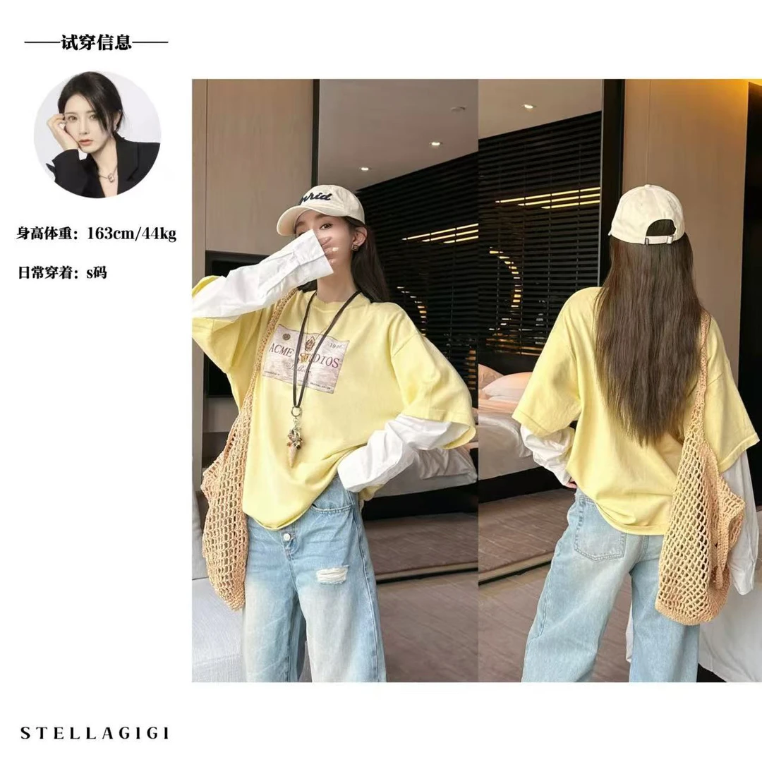 SG / 杨依姗 SS早春A*C复古钱币印花磨破假两件针织T恤T-20250543