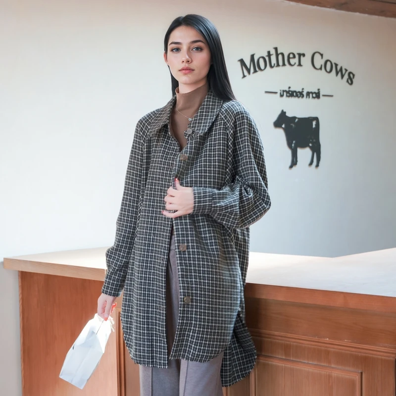 谜底羊毛混纺大衣女2025秋新款复古风千鸟格中长款外套257MD7863