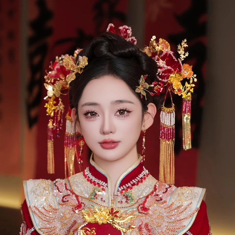 合金婚庆饰品 中式秀禾新娘头饰汉服步摇眉心坠造花液发饰品D0454