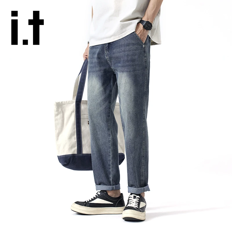 it izzue夏季美式复古牛仔裤子男生宽松直筒休闲百搭潮牌九分长裤