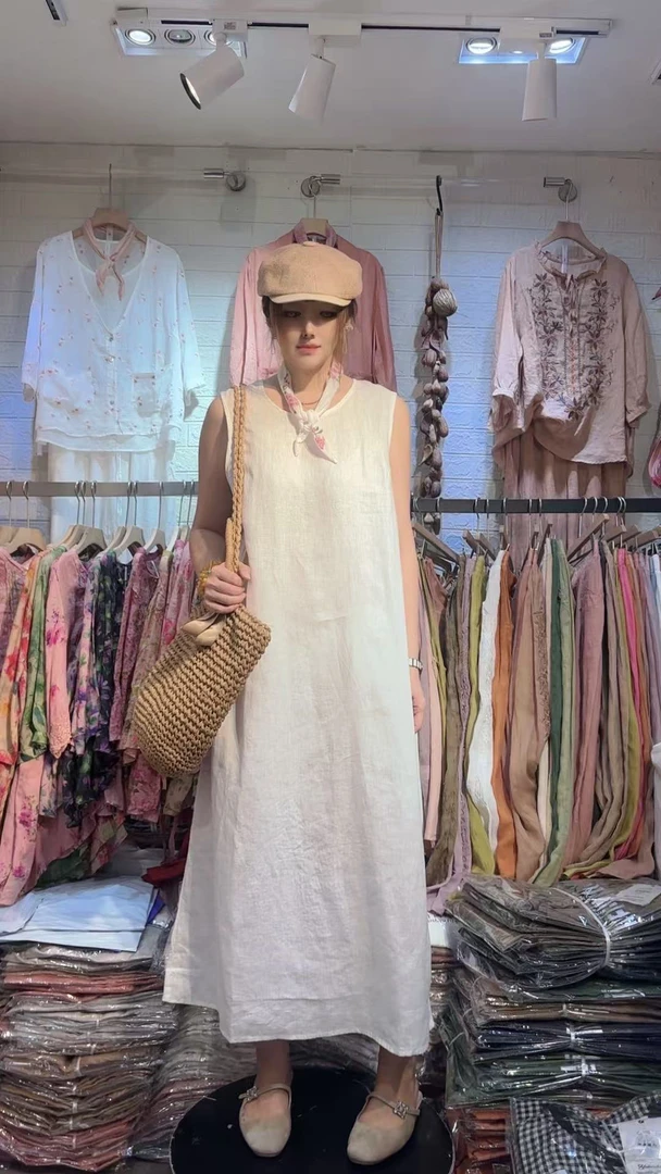 夏季新款百搭简约亚麻无袖背心连衣裙休闲