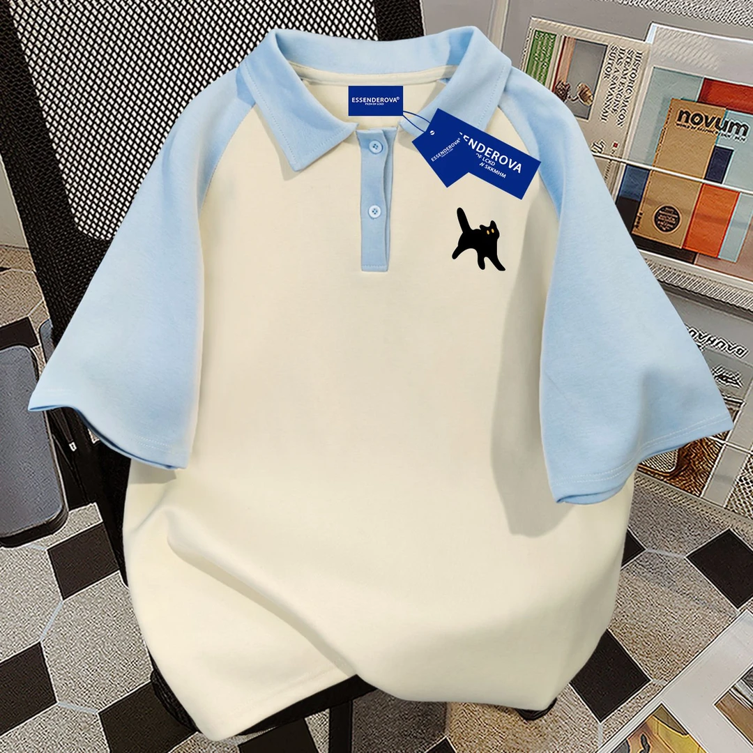 100%纯棉简约通勤字母短袖t恤男女款夏季宽松polo领拼色情侣上衣