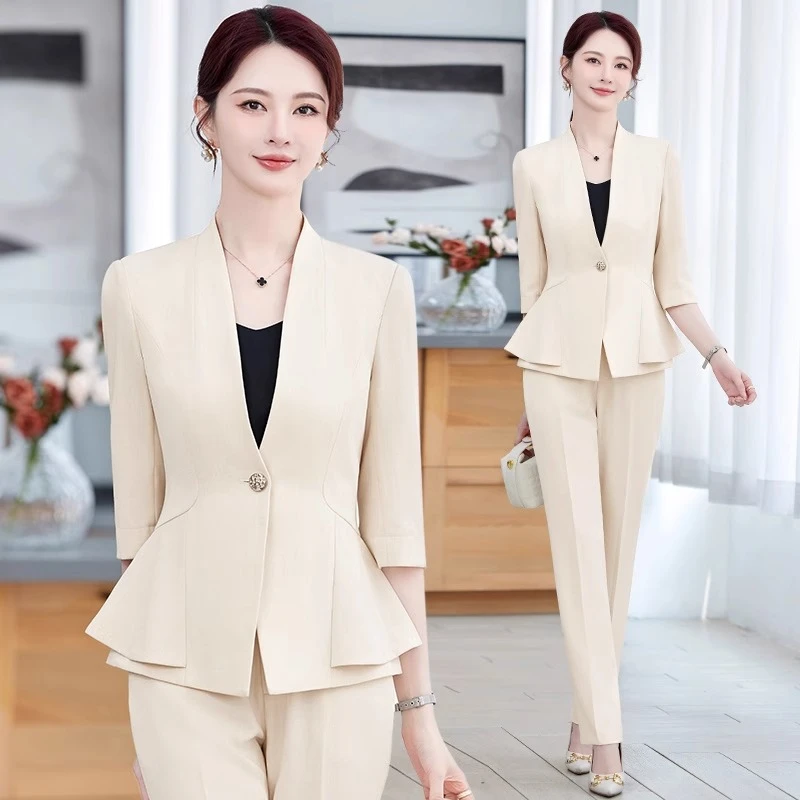 杏色七分袖西装套装女夏职业足浴技师医美前台美容院珠宝店工作服