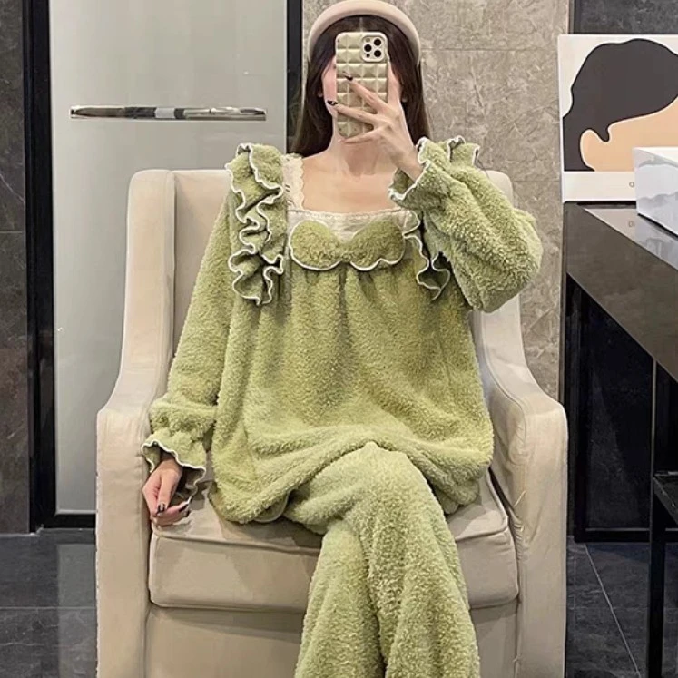 绿色花边加厚套头暖暖绒睡衣女长袖加绒甜美家居服套装