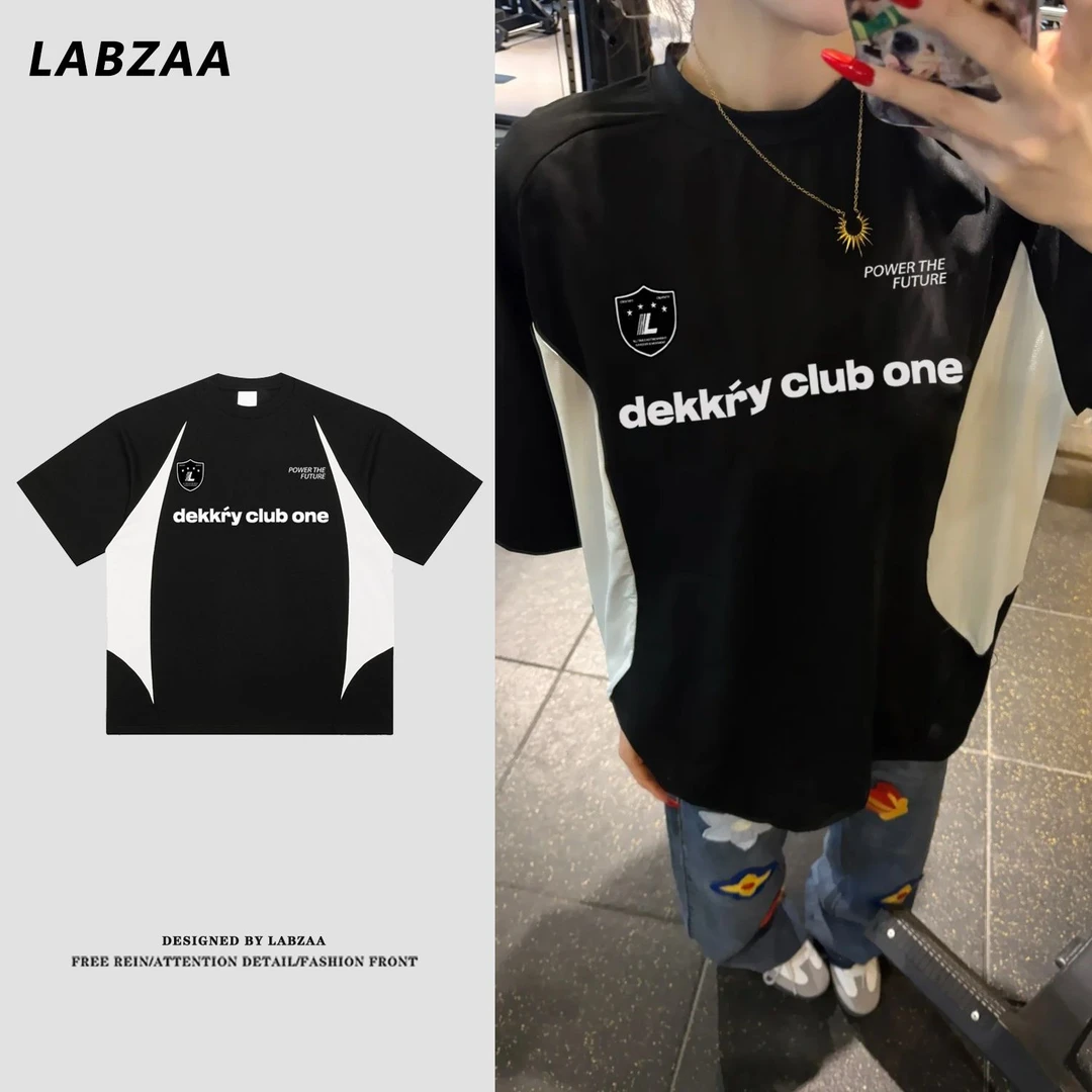 100%纯棉2025年韩版字母印花圆领短袖t恤男女学院风拼接宽松上衣