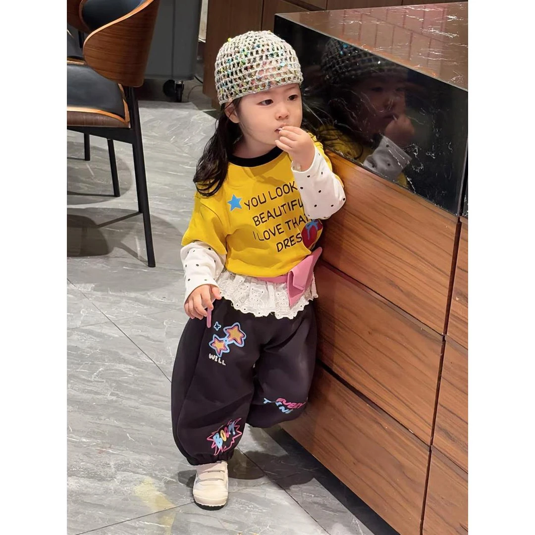 女童套装秋装2025新款洋气小女孩波点拼接假两件上衣卫裤两件套