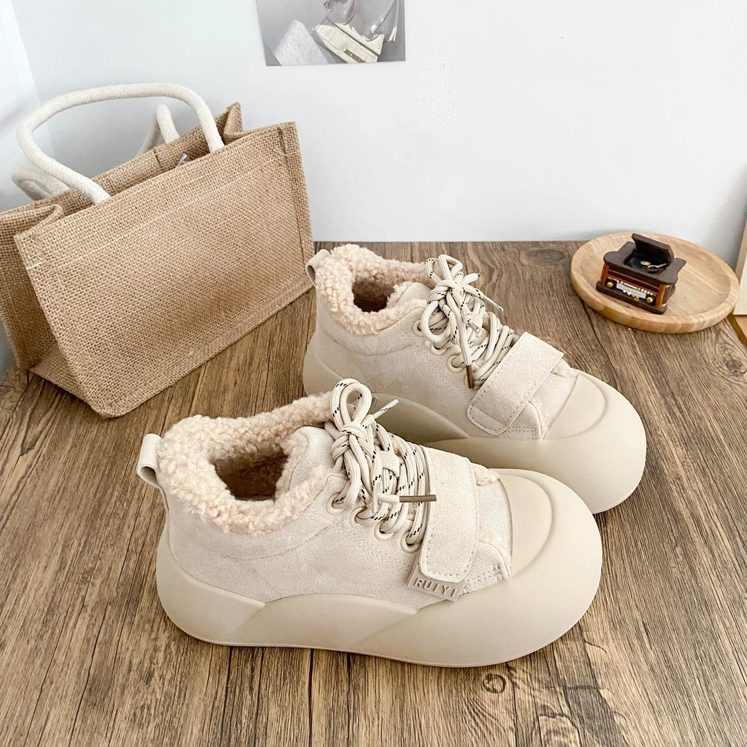 希玥2025冬季加绒魔术贴面包鞋女款百搭爆款羊羔毛小白鞋保暖板鞋