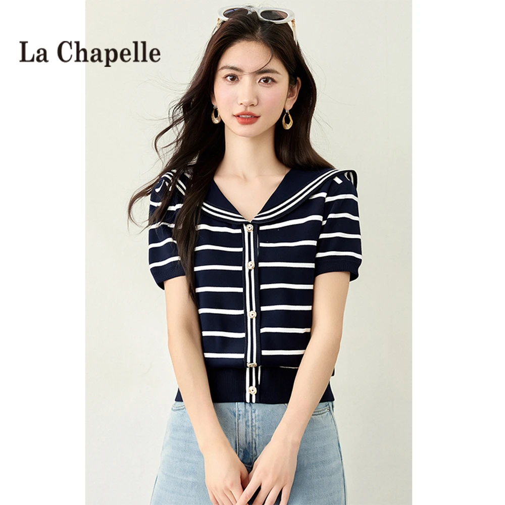拉夏贝尔夏季条纹显瘦百搭针织恤女2025新款海军领薄款开衫短上衣