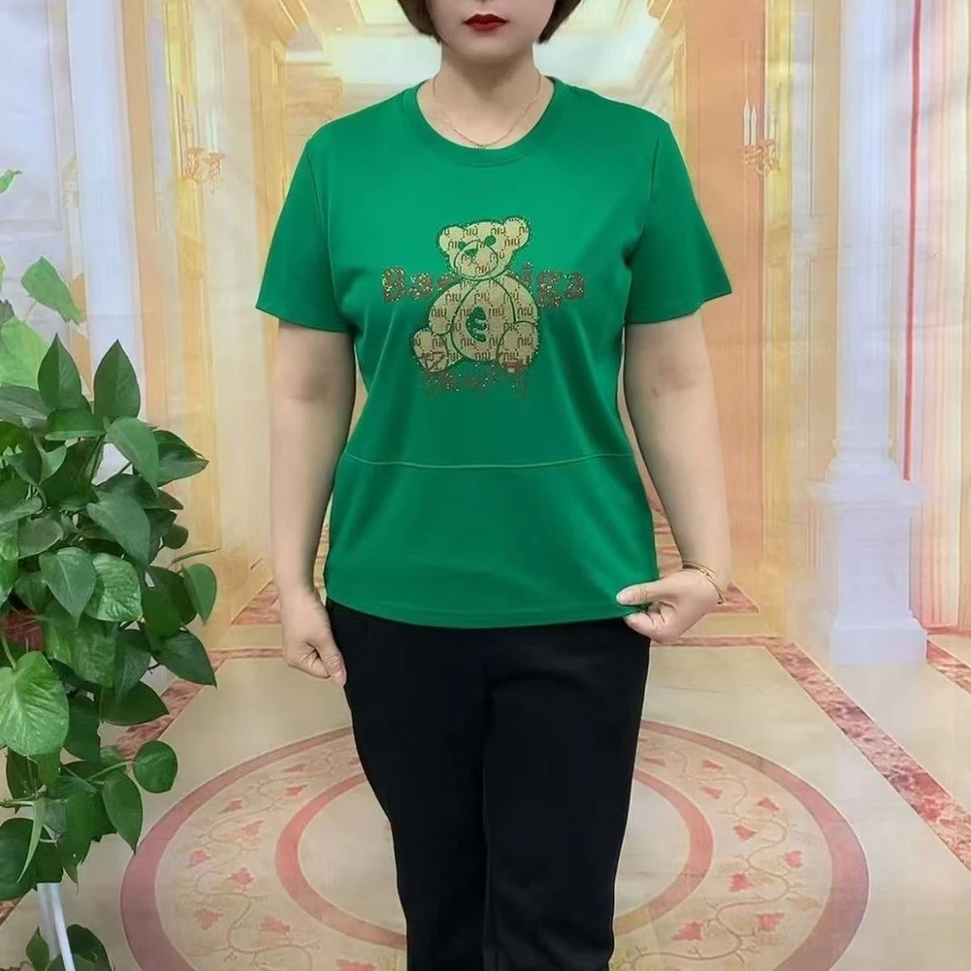 妈妈夏装新款时尚烫钻套头圆领短袖小熊宽松显瘦减龄女T恤衫7801