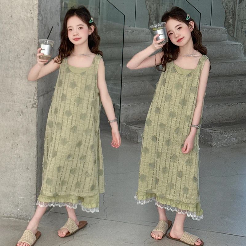 女童夏季新款套头法式绣花连衣裙韩版风两件唯美拍照出片气质时尚