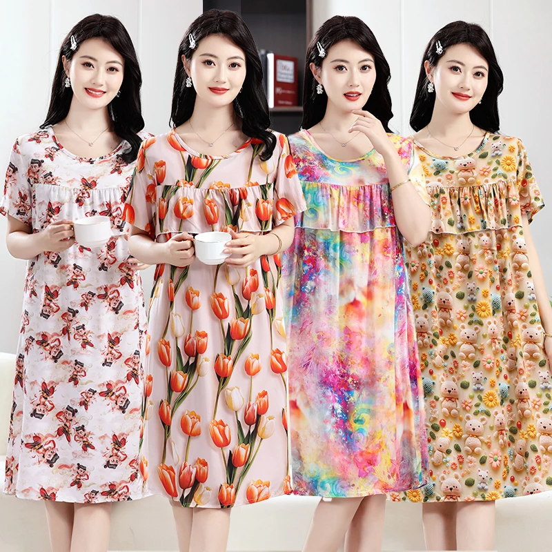 防凸点绵绸连衣裙2025年新款3D印花睡裙妈妈装夏季遮胸睡衣家居服