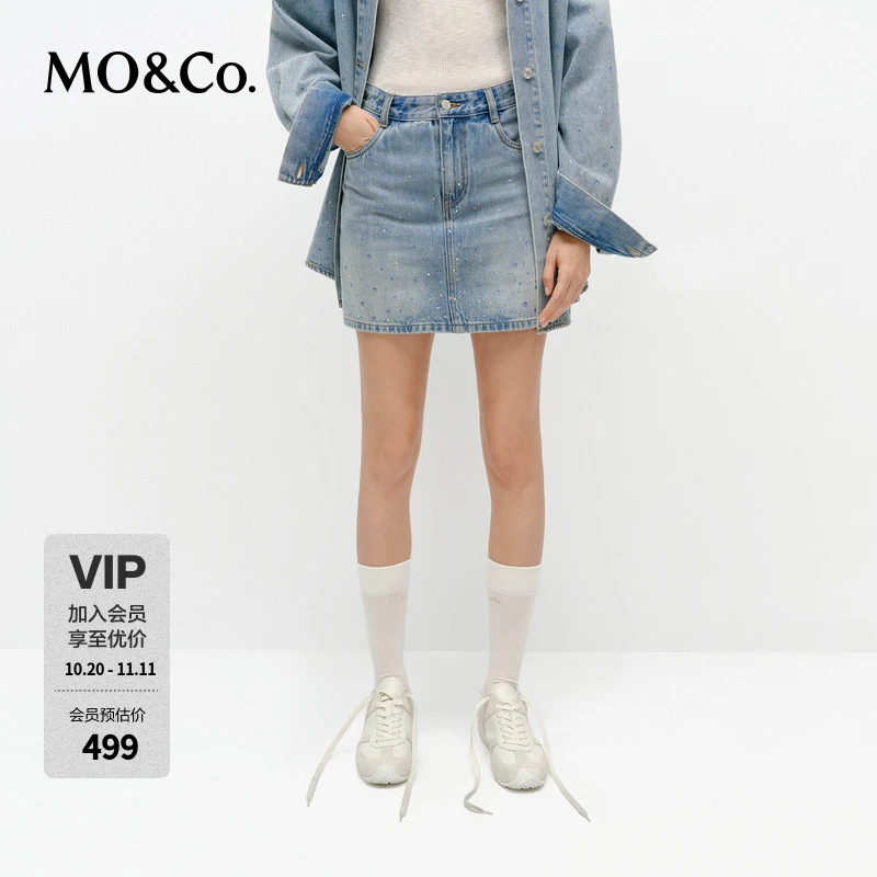 MOCO牛仔短裙2025春新品重工钻饰彩绘艺术洗褪做旧棉质MBE1SKT040