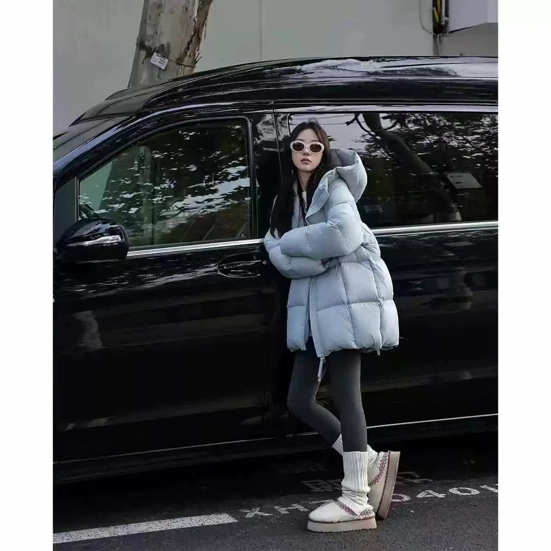 【绒子含量90%】2025新款泡芙时尚连帽百搭中长款羽绒服055