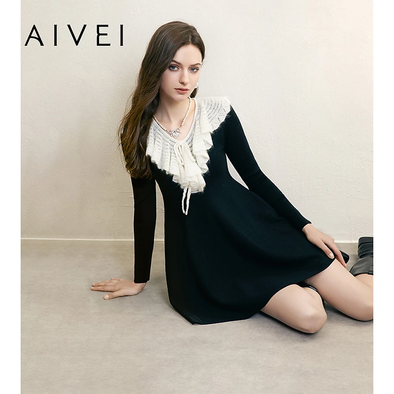 AIVEI欣贺艾薇冬新浪漫气质清新荷叶边高腰针织连衣裙R764302A