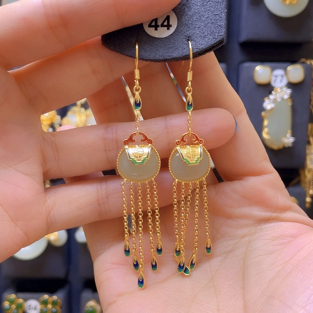 和田玉银S925镀金镶嵌耳饰