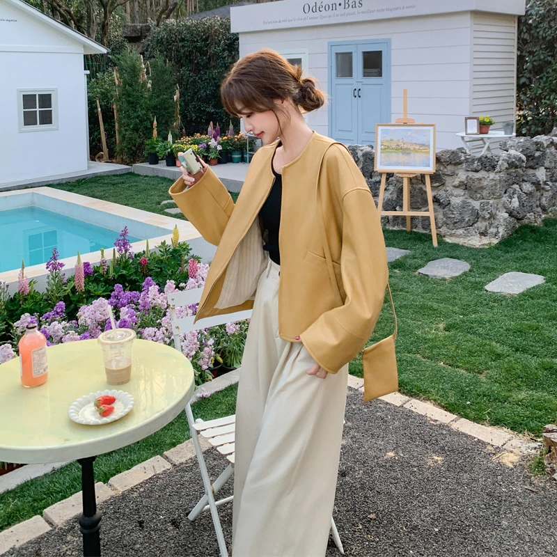 甜酷风皮衣外套女2025春秋新款时尚韩系ins风短款圆领PU皮夹克潮