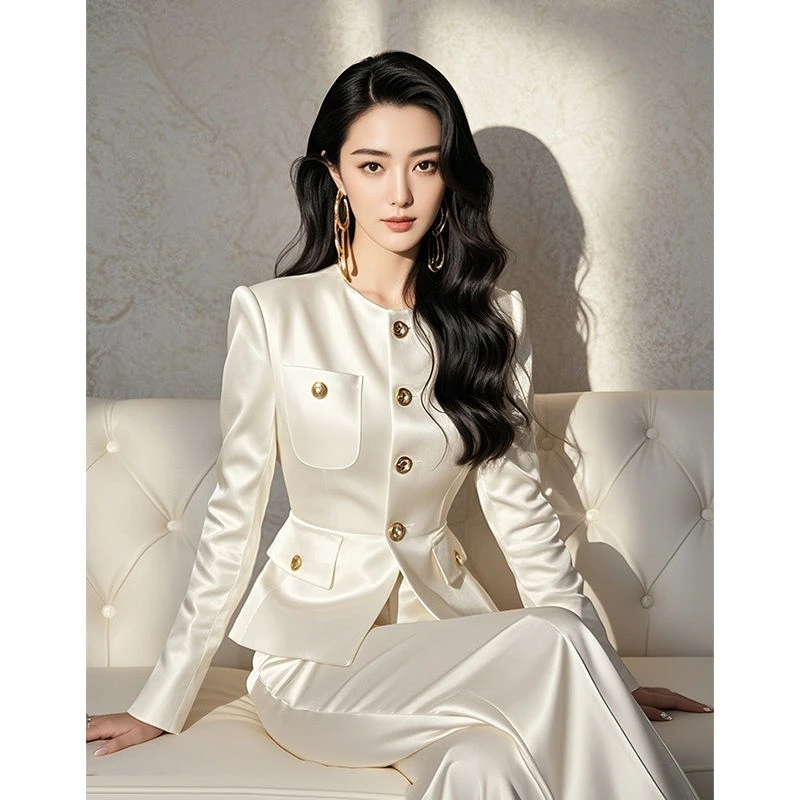 2025春秋季爆款轻奢高级感香风盐系轻熟职业白色西装外套裤子套装