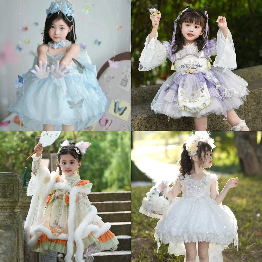 洛丽塔连衣裙公主裙演出服小女孩紫色纱裙婚纱女童碎花