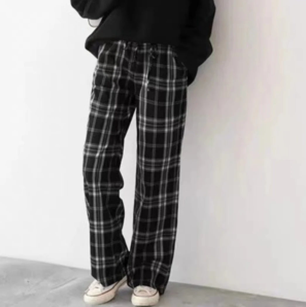 55格子裤子女秋冬季宽松直筒复古风