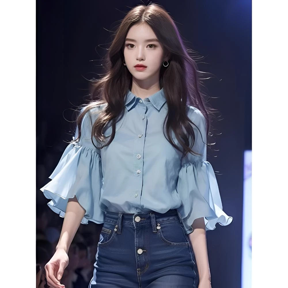 衬衣2025年新款女浅蓝色荷叶袖衬衫设计感奶系温柔法式独特小上衣