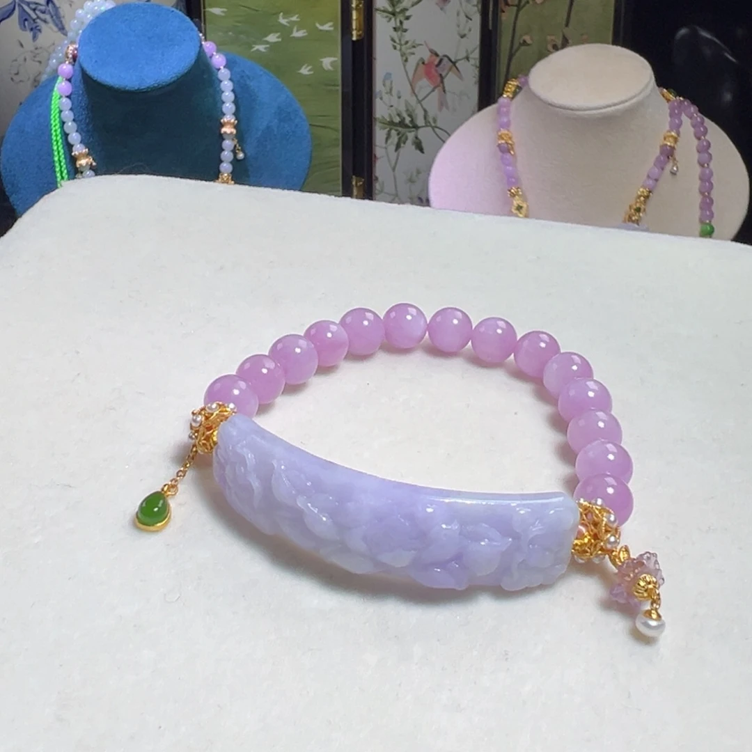 翡翠未镶嵌毛衣链紫莲花手牌