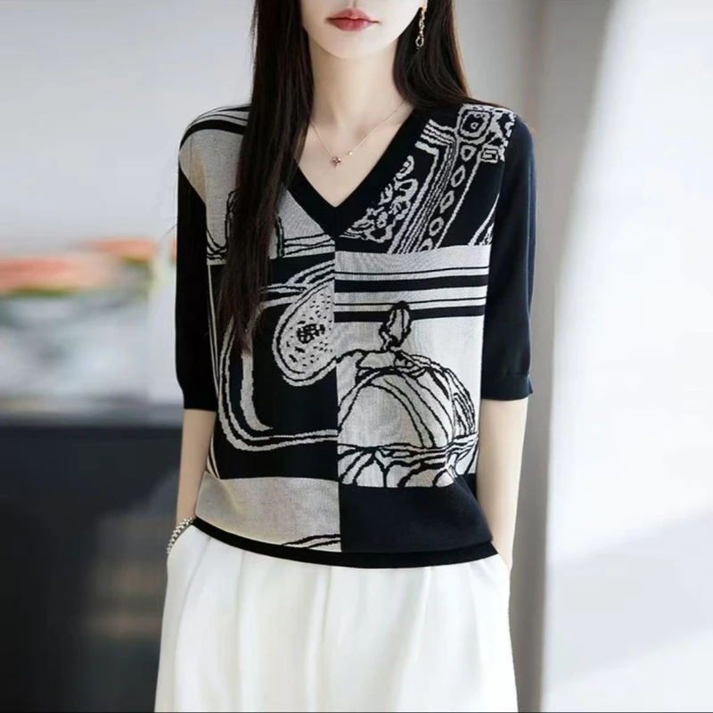 100%莱赛尔纤维~老钱撞色！夏季抽象撞色女针织衫9464