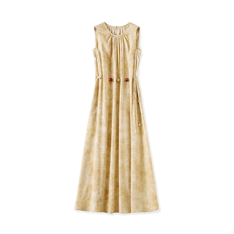 晕染印花简约风天丝麻度假高货无袖碎花女草原风长裙背心连衣裙