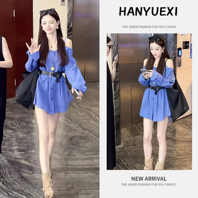 2025年新款夏季绝美小裙子韩版洋气长袖露肩吊带格子衬衫连衣裙