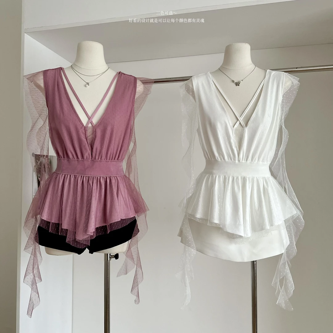 性感纯欲交叉V领蕾丝飘带设计感丝绒收腰显瘦秀款上衣女