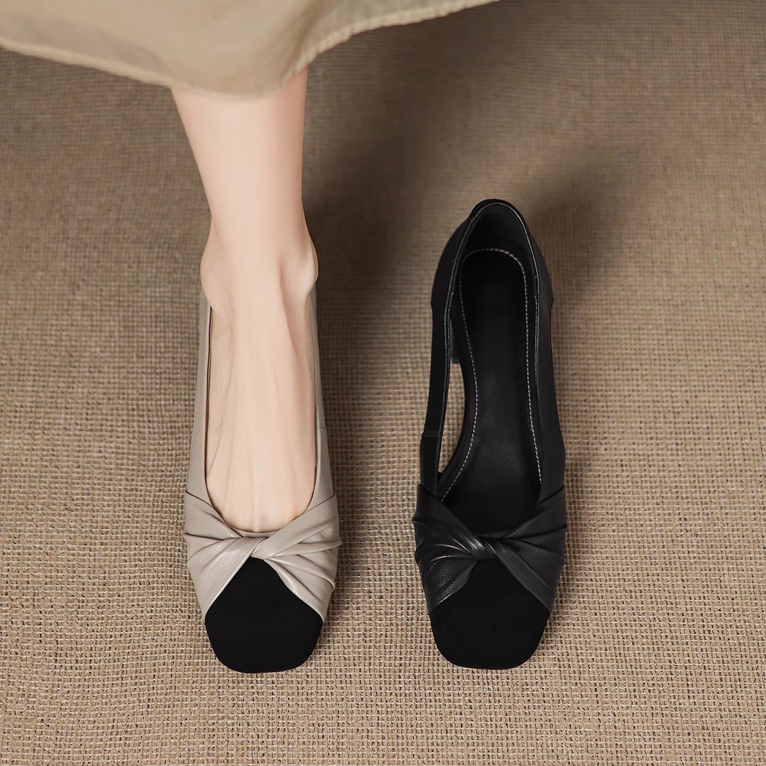 真皮法式气质方头拼色浅口单鞋女2025春秋新款中粗跟软底豆豆凉鞋