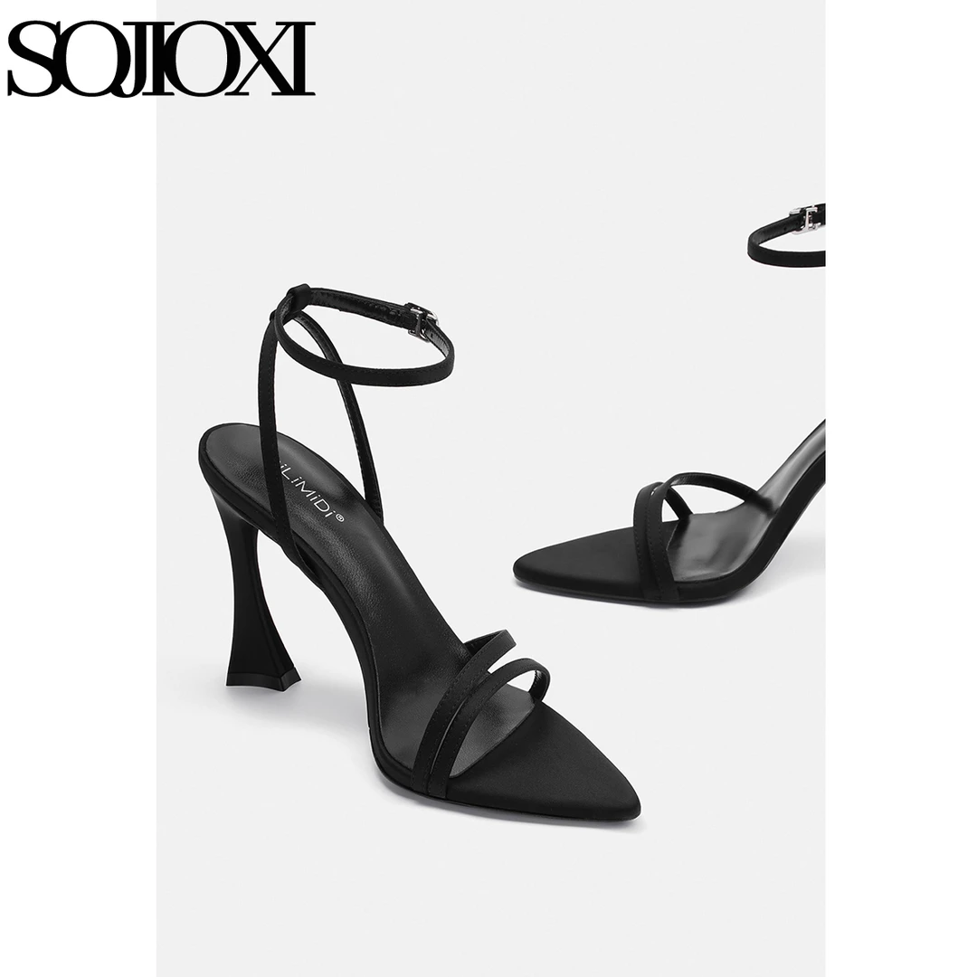 SOJIOXI 绸缎一字带高跟凉鞋女2025新款夏季露趾性感细带高跟鞋女